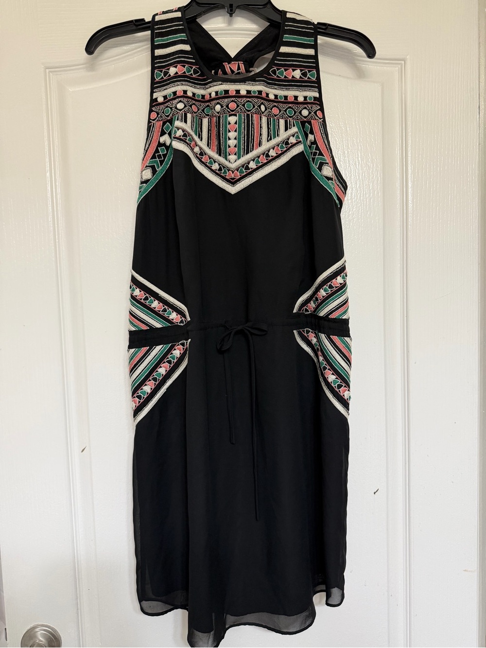 Greylin Embroidered Beaded Aztec Halter Shift Dress, Size M